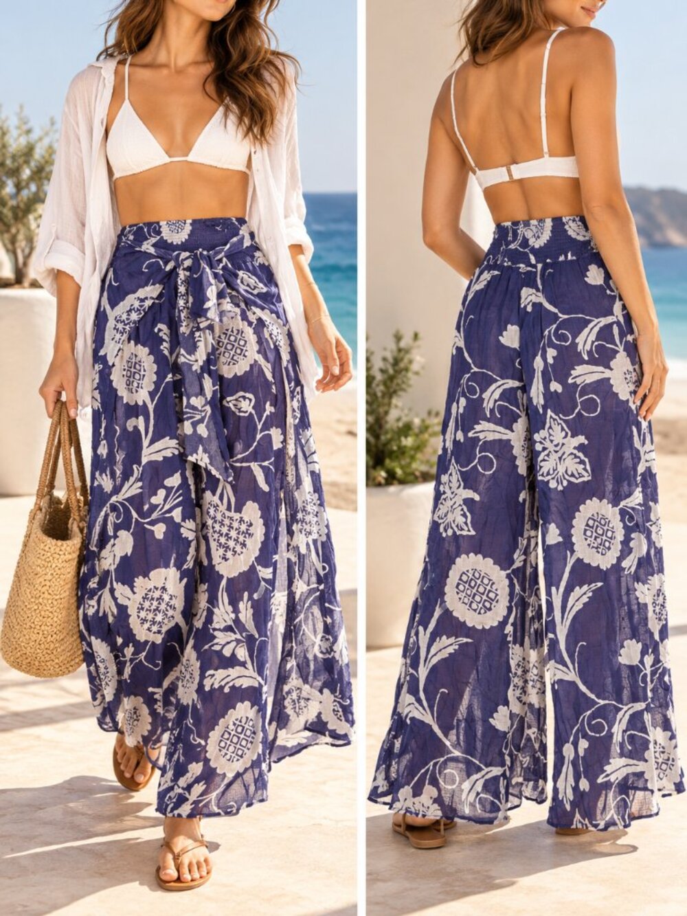By Anthropologie Blue Floral Petal Wide Leg Swim Cover-Up Pants XS